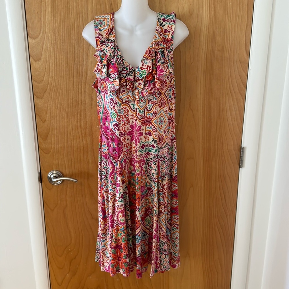RALPH LAUREN pink paisley ruffle knit sleeveless dress L